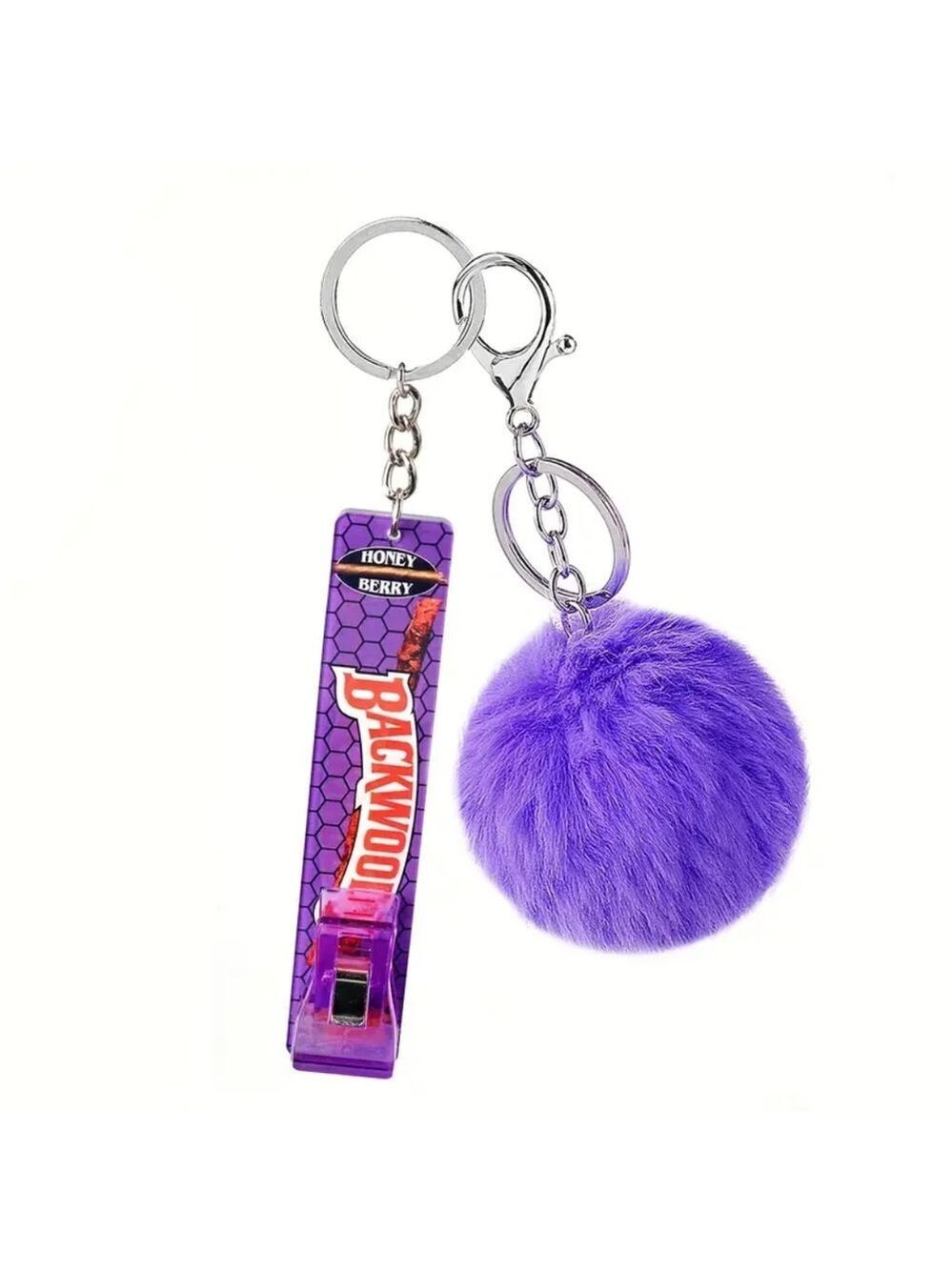Purple Pom Keychain Credit Card Puller Tool Bag Charm Backwoods